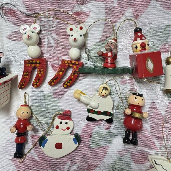 Vtg Wooden Mini Christmas Ornaments Lot 12pcs German Taiwan Clock Mouse Chimney - Picture 6 of 11